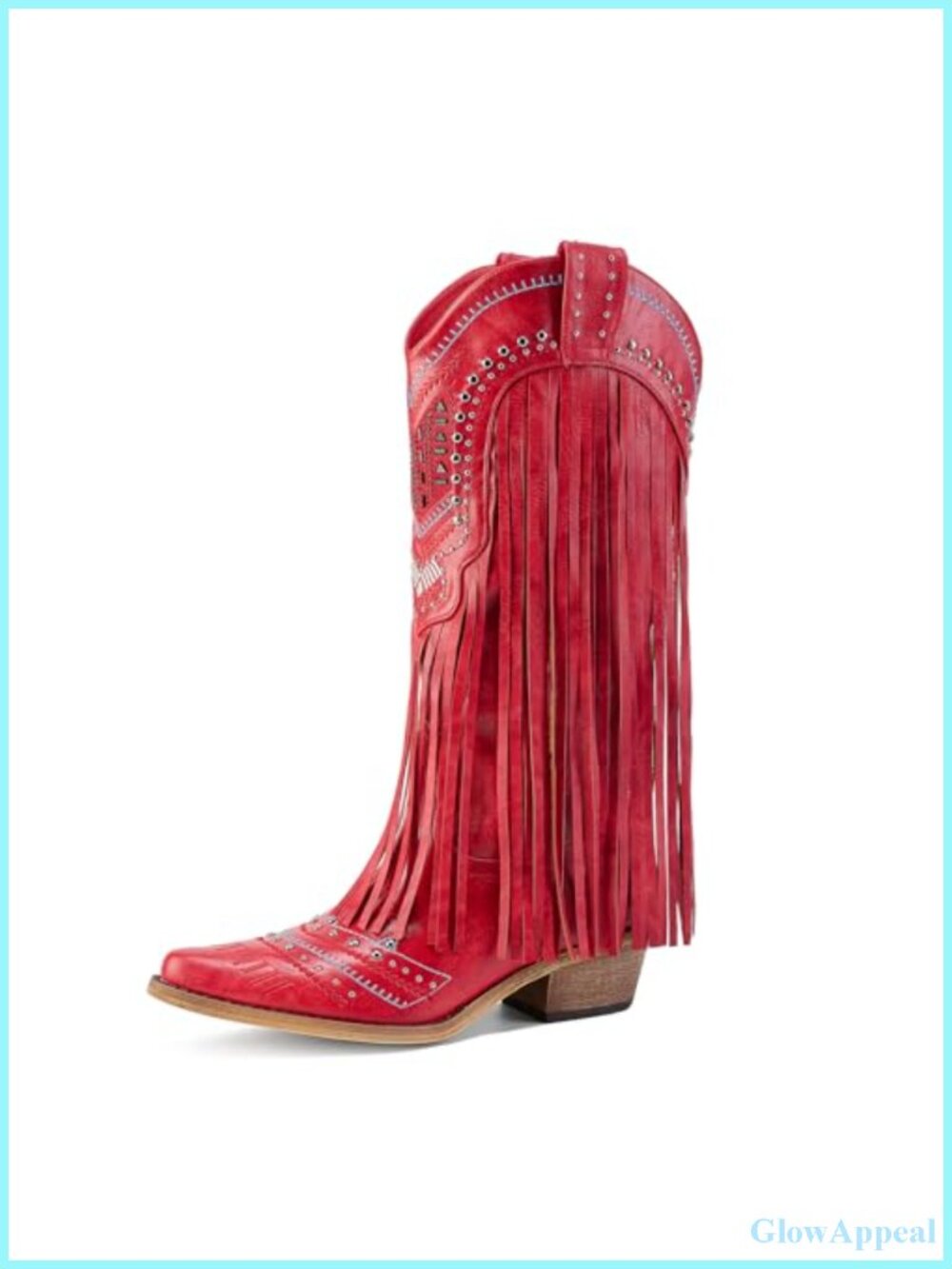 Faux Leather Fringe Cowboy Boots Mid Calf Embroidered Chunky Heel Pull On